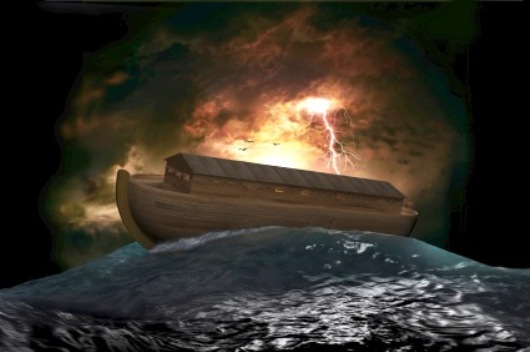 Noah's Ark riding on a swell after the Great Flood
