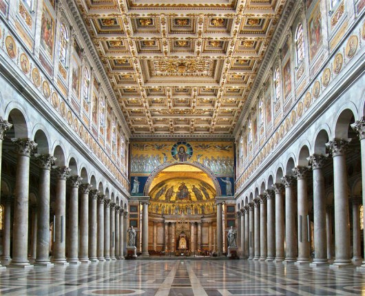 Interior, St. Paul Outside the Walls, Rome. Begun 386 A.D. (etching by G. B. Piranesi, 1749)