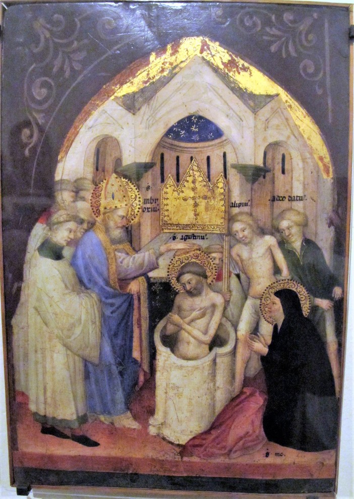 “Santo Ambrosius Membaptis Santo Agustinus” oleh Niccolò di Pietro (1405-1410), di Pinacoteca Vaticana, Kota Vatikan. © Sailko | CC OLEH 3.0 